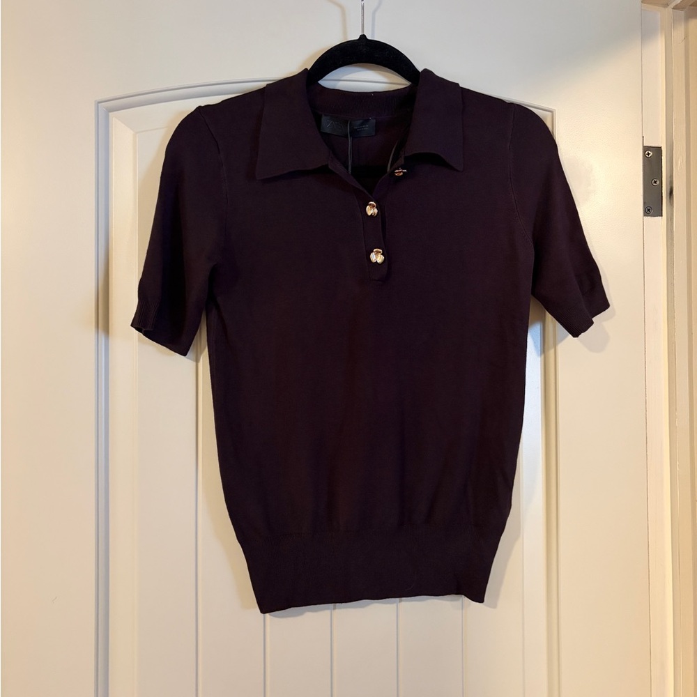 Zara Chocolate Brown short sleeve Polo with Gold Buttons- NWT